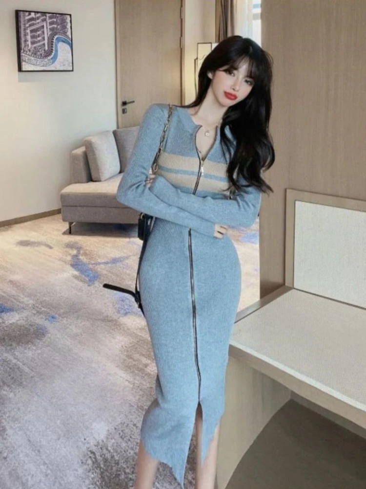 Elegant Elastic Long Sleeve Knitted Dress Women's Slim Fit Temperament Sexy Y2k Tight Tank Top Long Zipper Dress Korean Version
Elegant Elastic Long Sleeve Knitted Dress Women's Slim Fit Temperament Sexy Y2k Tight Tank Top Long Zipper Dress Korean Version