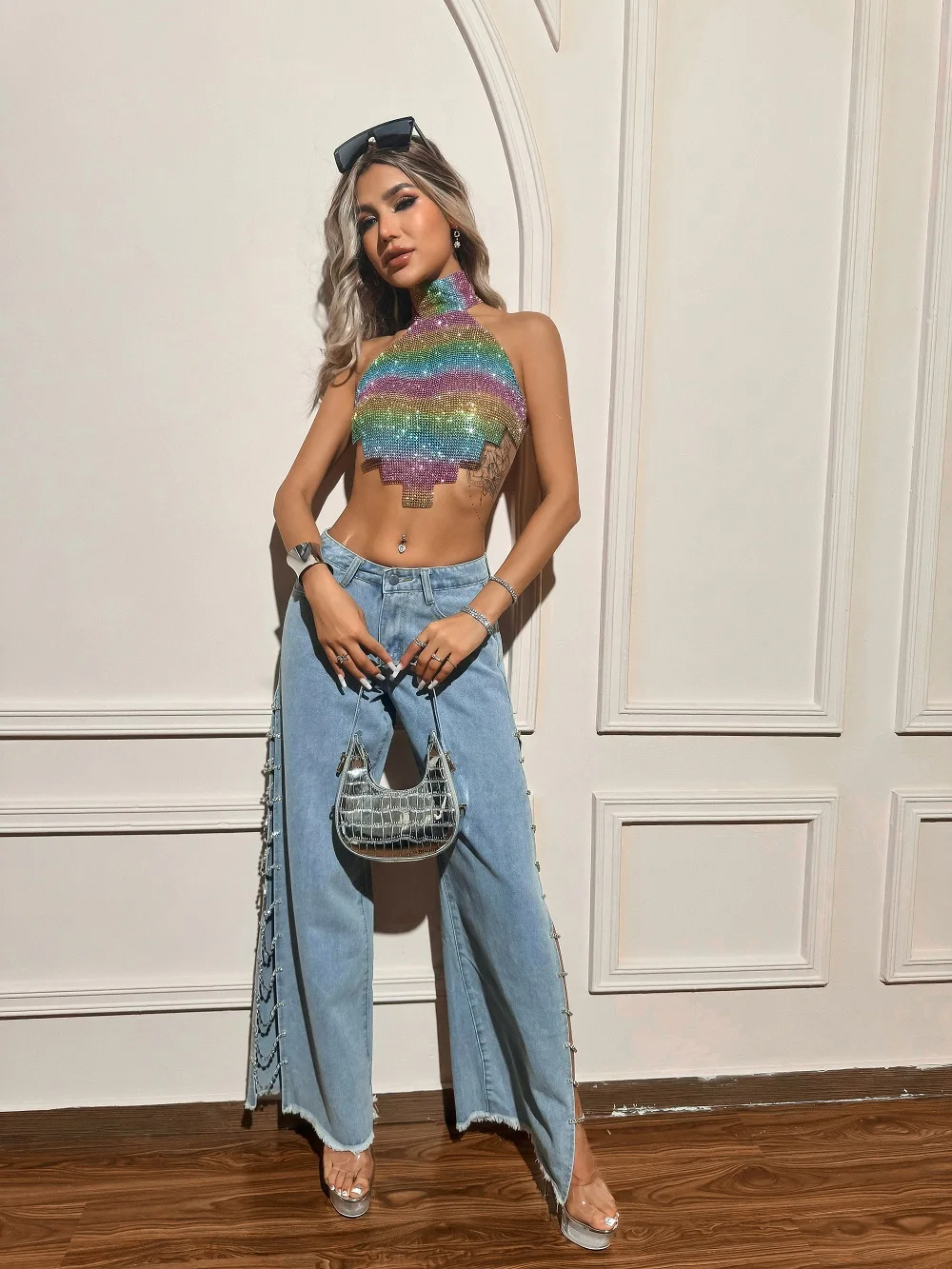 FestivalQueen Women's Color Block Asymmetrical Hem Mesh Sequin Necklace Halter Top For Music Festival
FestivalQueen Women's Color Block Asymmetrical Hem Mesh Sequin Necklace Halter Top For Music Festival
