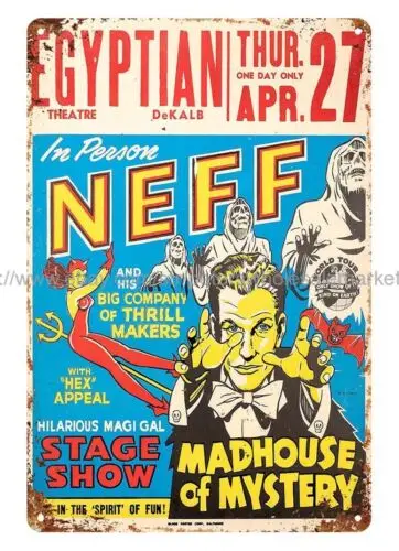 1950s In Person Neff Madhouse of Mystery stage show spook постер металлический жестяной знак
1950s In Person Neff Madhouse of Mystery stage show spook постер металлический жестяной знак