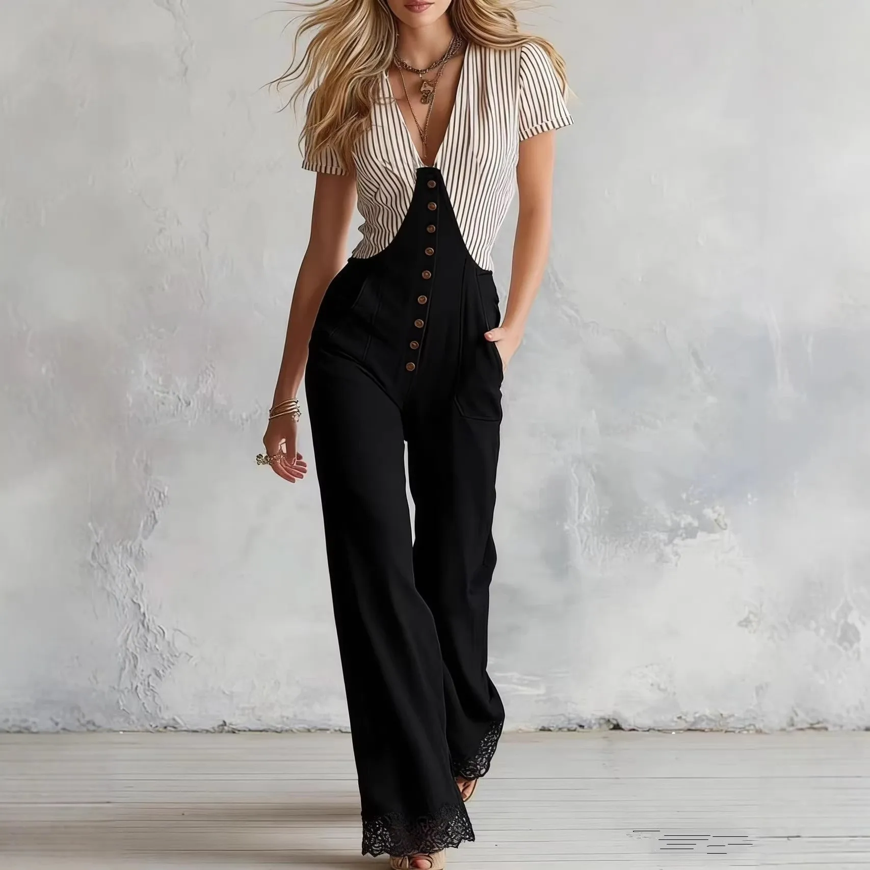 Women's Jumpsuit V Neck Short Sleeve Button Front Romper Striped Top Wide Leg Pants Lace Trim High Waist Pockets Long
Women's Jumpsuit V Neck Short Sleeve Button Front Romper Striped Top Wide Leg Pants Lace Trim High Waist Pockets Long