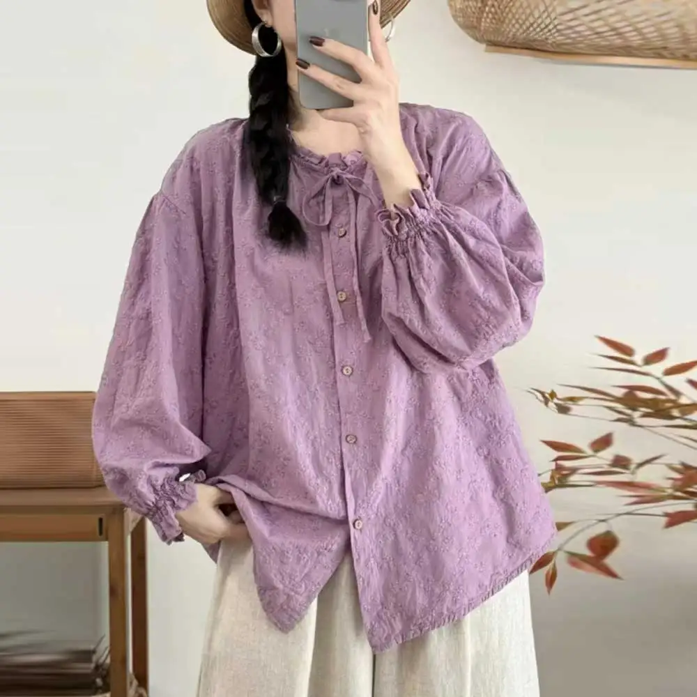 Женские милые хлопковые рубашки с жаккардовой вышивкой Mori Girl, осенние однотонные повседневные блузки с воротником-стойкой и длинными рукавами 
Женские милые хлопковые рубашки с жаккардовой вышивкой Mori Girl, осенние однотонные повседневные блузки с воротником-стойкой и длинными рукавами