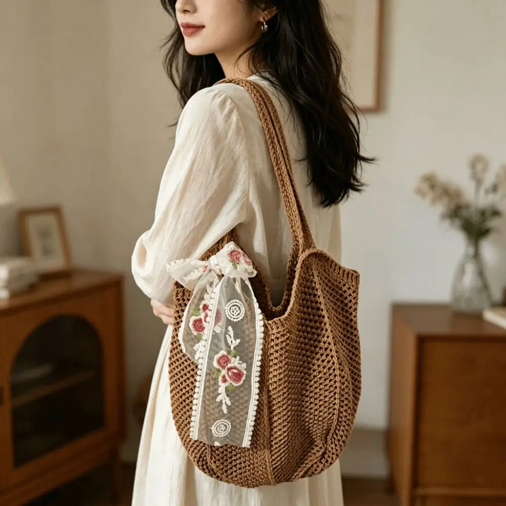 Large Capacity Knitted Shoulder Bag Lightweight with Lace Bow Underarm Bag Hollow Out Bohemian Style Beach Straw Bag
Large Capacity Knitted Shoulder Bag Lightweight with Lace Bow Underarm Bag Hollow Out Bohemian Style Beach Straw Bag