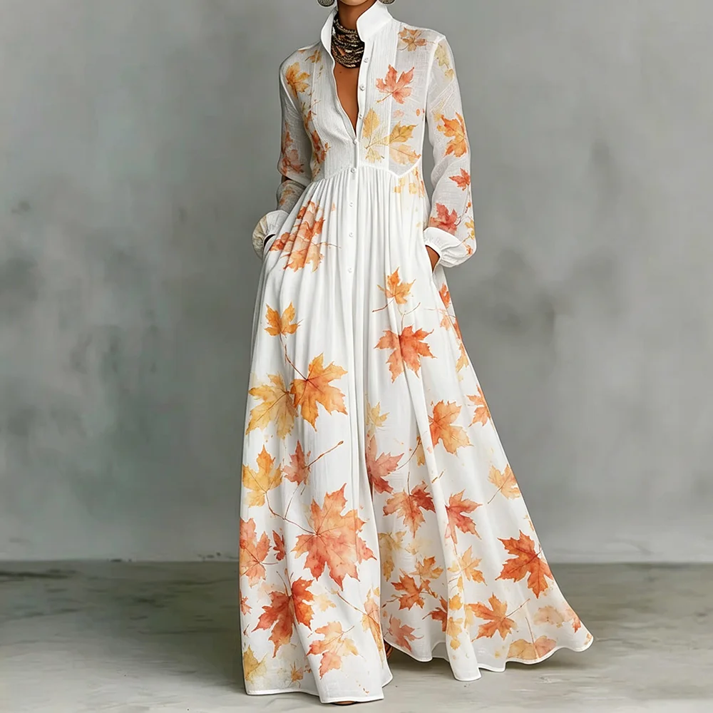 Women's Watercolor Maple Leaf Print Maxi Dress Chic Long Sleeve Stand Collar Casual A-Line Dress With Pockets For Autumn
Women's Watercolor Maple Leaf Print Maxi Dress Chic Long Sleeve Stand Collar Casual A-Line Dress With Pockets For Autumn
