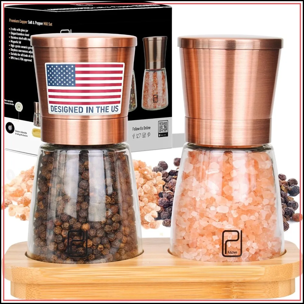 Salt and Pepper Grinder Set with Bamboo Holder - 6 oz, Copper Stainless Steel, Adjustable Coarseness
Salt and Pepper Grinder Set with Bamboo Holder - 6 oz, Copper Stainless Steel, Adjustable Coarseness