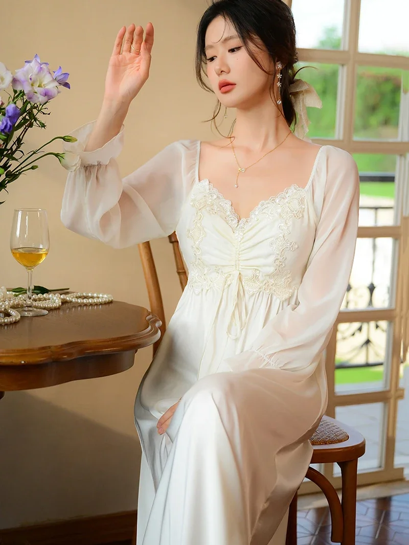 French Sexy Pajamas Women Spring Autumn Silk Lace Fairy Victorian Nightwear Sleepwear with Chest Pad Nightgowns Homewear
French Sexy Pajamas Women Spring Autumn Silk Lace Fairy Victorian Nightwear Sleepwear with Chest Pad Nightgowns Homewear