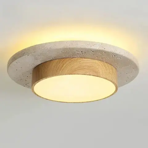 Plafonnier en pierre, plafonniers ronds, D22cm, LED28w, Wabi Sabi, rétro, noyer/bois, pour balcon, couloirs, salon, éclairage intérieur
