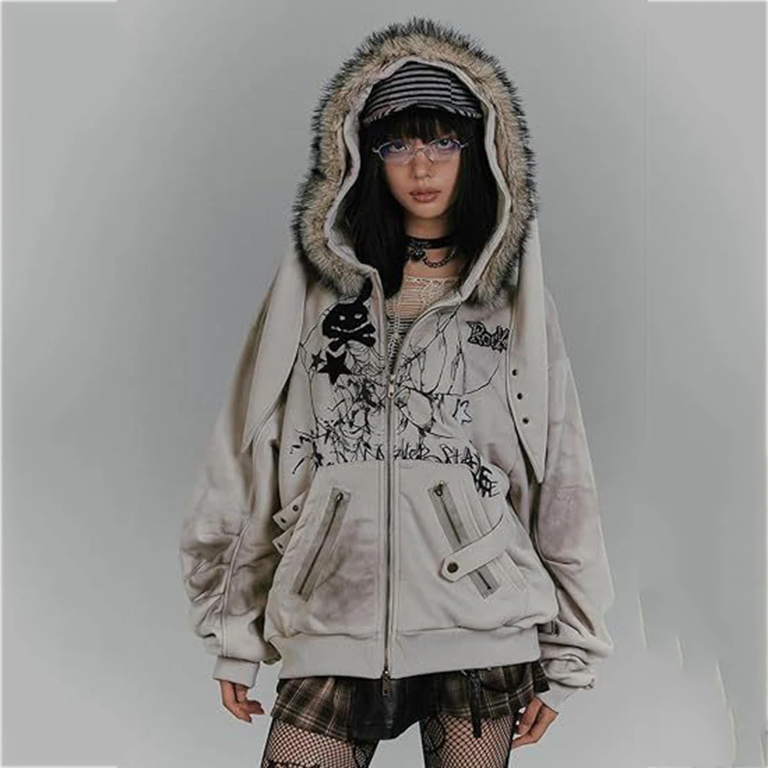 Women's retro washed fur collar Gothic star graphic loose Y2K street style hooded sweatshirt autumn and winter styles
Women's retro washed fur collar Gothic star graphic loose Y2K street style hooded sweatshirt autumn and winter styles