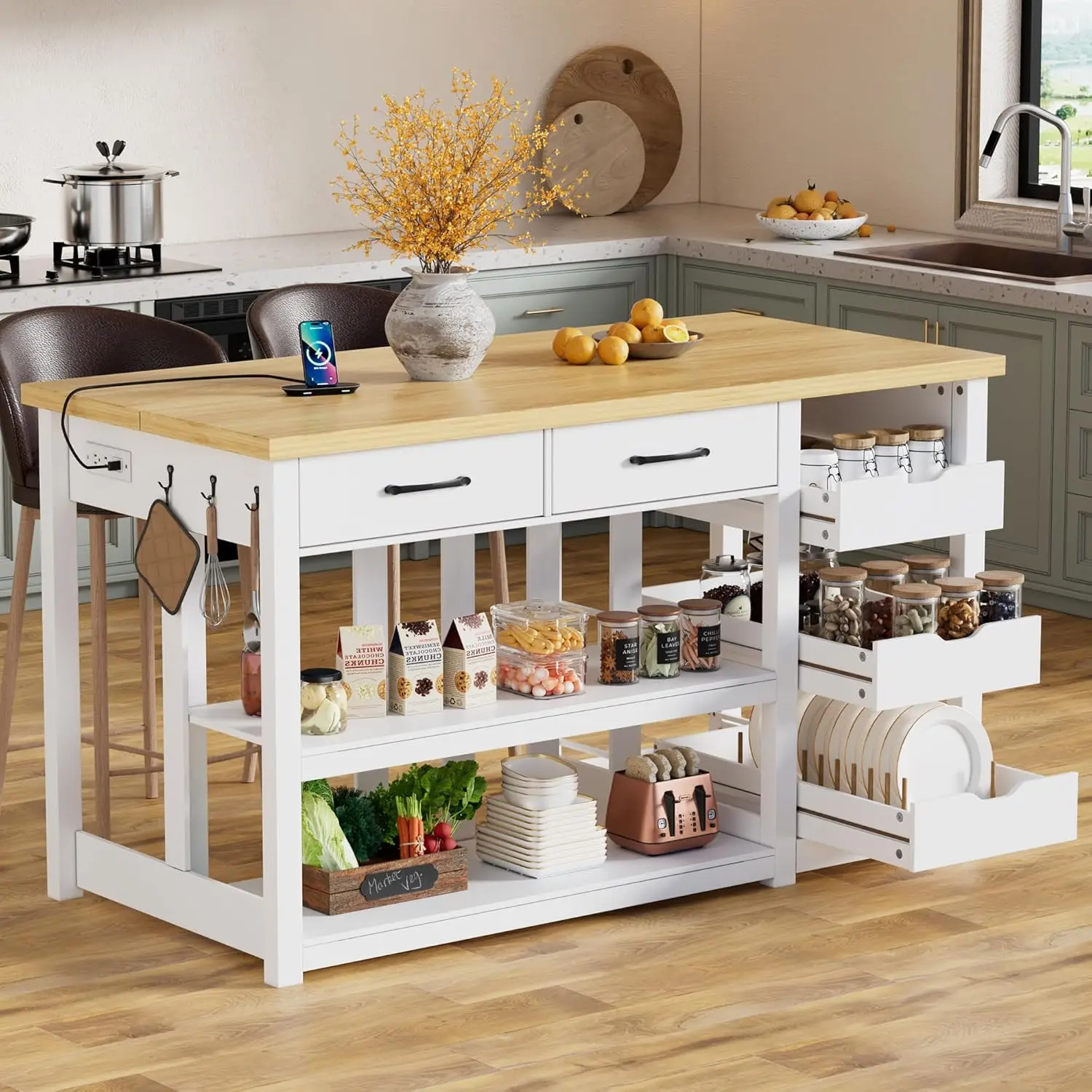 55'' Farmhouse Kitchen Island with Storage,Island Table with Movable Shelves,Charging Station,Drawers,Hook,Buffet, Customized
55'' Farmhouse Kitchen Island with Storage,Island Table with Movable Shelves,Charging Station,Drawers,Hook,Buffet, Customized
