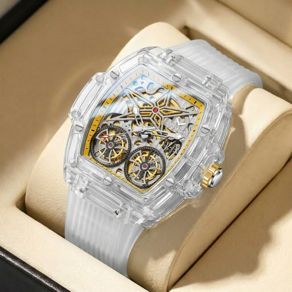 1pcs Men's gold dial silicone strap vintage fashion tonneau skeleton sporty details Mechanical Watch for business party holiday
1pcs Men's gold dial silicone strap vintage fashion tonneau skeleton sporty details Mechanical Watch for business party holiday