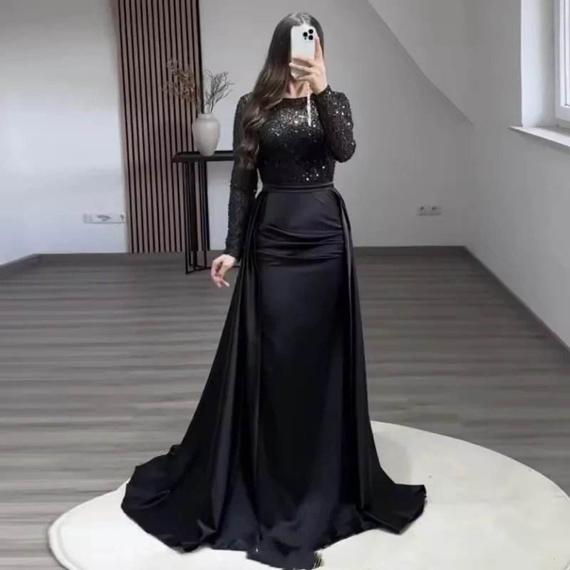 Eye Catching Black Satin Evening Dress with Detachable Sequins O-Neck Long Sleeves Mermaid Prom Gowns Vestidos De Ocasión Formal
Eye Catching Black Satin Evening Dress with Detachable Sequins O-Neck Long Sleeves Mermaid Prom Gowns Vestidos De Ocasión Formal