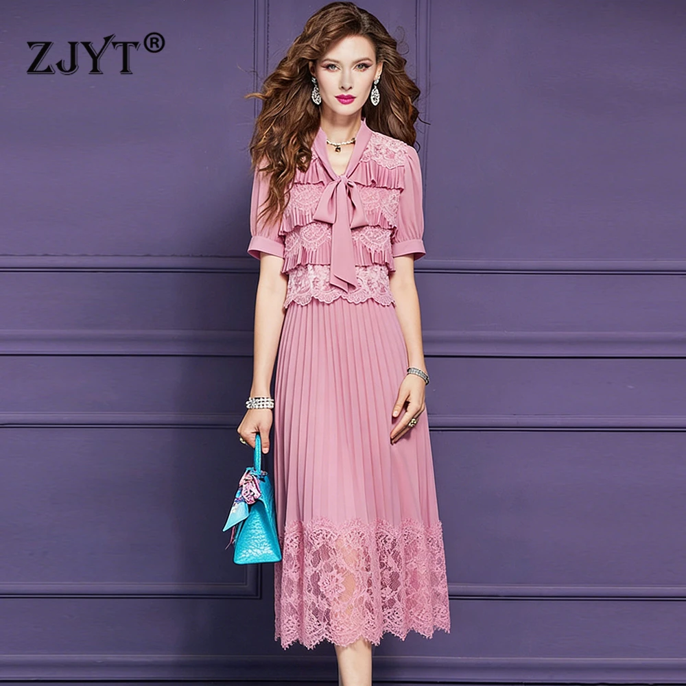 ZJYT Summer New 2026 Women Lace Patchwork Dress Short Sleeve Bow Collar Ruffles Pink Midi Party Casual Dresses Elegant Vestidos
ZJYT Summer New 2026 Women Lace Patchwork Dress Short Sleeve Bow Collar Ruffles Pink Midi Party Casual Dresses Elegant Vestidos