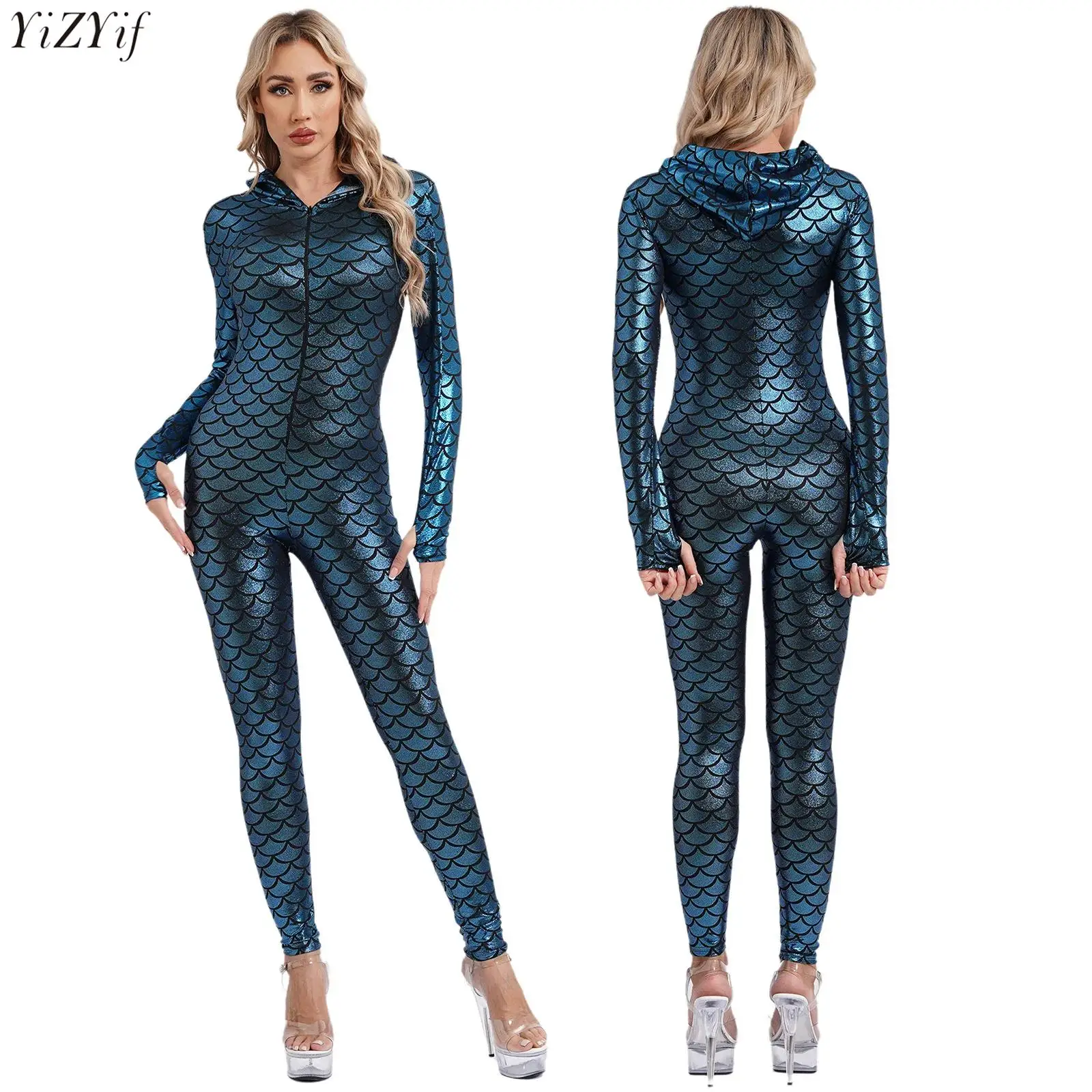 Womens Fishscale Print Hooded Jumpsuit Long Sleeve Zipper Long Pants Full-body Leotard Unitard Carnival Mermaid Dress up Costume
Womens Fishscale Print Hooded Jumpsuit Long Sleeve Zipper Long Pants Full-body Leotard Unitard Carnival Mermaid Dress up Costume