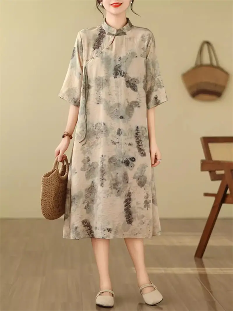 Chinese Style Cotton And Linen Cheongsam Dress Loose Print Slanted Collar Dress Casual 4/5 Sleeve Midi Dress For Women z4910
Chinese Style Cotton And Linen Cheongsam Dress Loose Print Slanted Collar Dress Casual 4/5 Sleeve Midi Dress For Women z4910