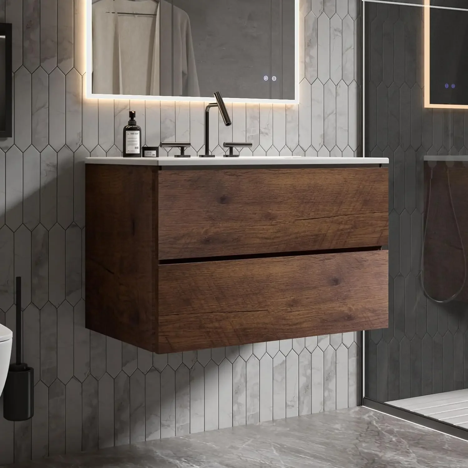 30" Bathroom Vanity with Sink, Floating Vanity with Double Soft Closing Drawers, Large Storage for Small Space, Walnut
30" Bathroom Vanity with Sink, Floating Vanity with Double Soft Closing Drawers, Large Storage for Small Space, Walnut