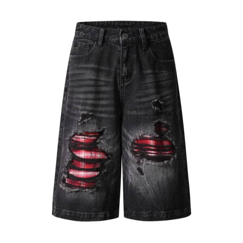 American Style High Street Red Plaid Stripe Broken Hole Patchwork Denim Shorts For Man Retro Washing Black Wide Leg Jeans
American Style High Street Red Plaid Stripe Broken Hole Patchwork Denim Shorts For Man Retro Washing Black Wide Leg Jeans