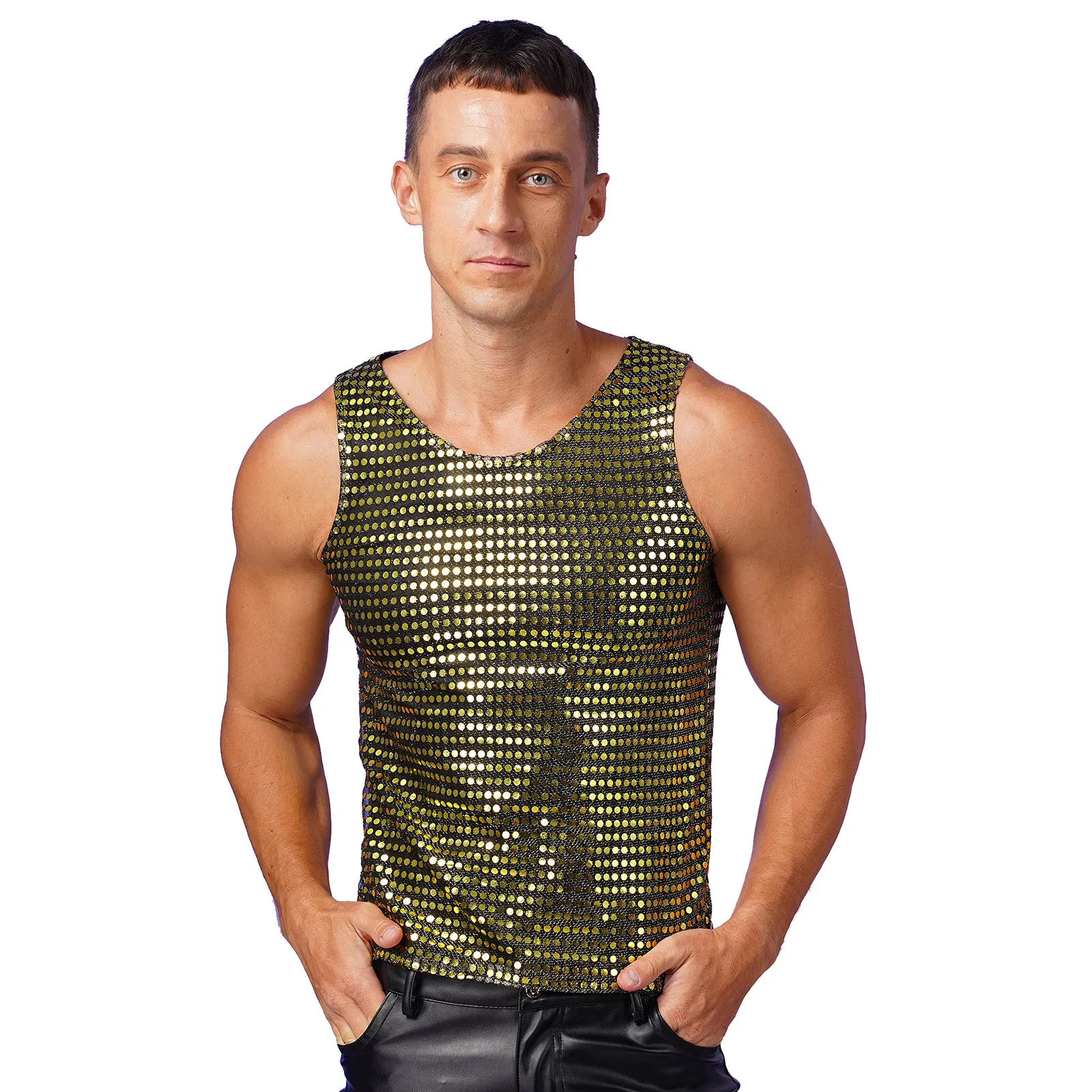 Mens Shiny Disco Tops Sequin Nightclub Tank Tops Sleeveless Loose Tops Shiny Christmas Performance Party Waistcoat Streetwear
Mens Shiny Disco Tops Sequin Nightclub Tank Tops Sleeveless Loose Tops Shiny Christmas Performance Party Waistcoat Streetwear