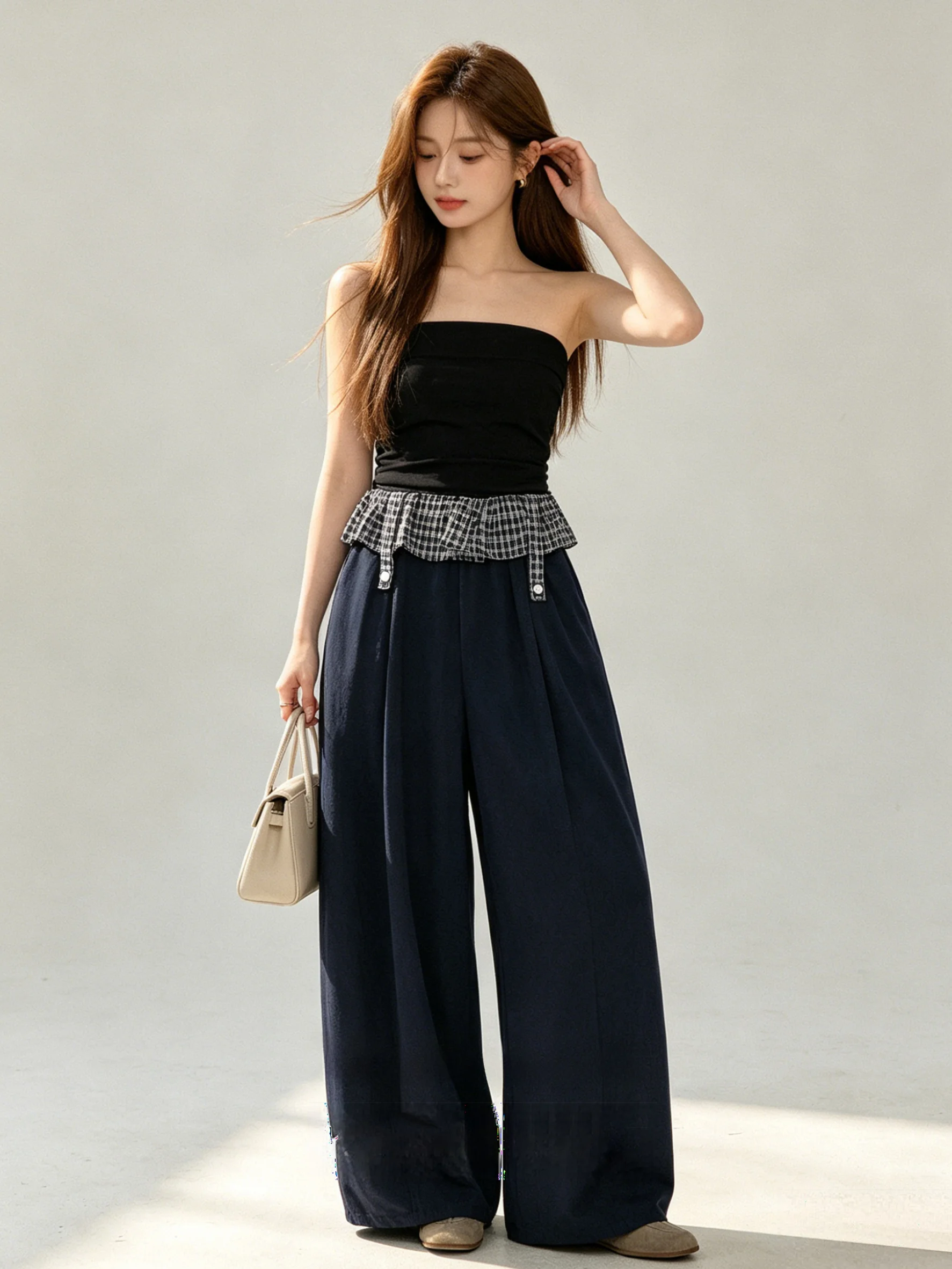 Casual Wide Leg Pants Women's Summer Loose Elastic Waist Plaid Splicing Loose Breathable Skin-friendly College Style Dark Blue
Casual Wide Leg Pants Women's Summer Loose Elastic Waist Plaid Splicing Loose Breathable Skin-friendly College Style Dark Blue