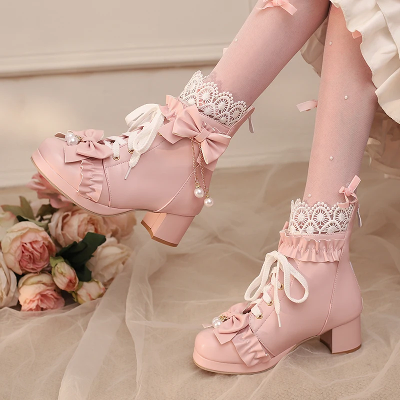 2025 Sweet Autumn Winter Girls Ankle Boots Modern Botas Lace Pearl Chain Bow Lolita Thick Heel Party Princess Pink Shoes 12+y
2025 Sweet Autumn Winter Girls Ankle Boots Modern Botas Lace Pearl Chain Bow Lolita Thick Heel Party Princess Pink Shoes 12+y