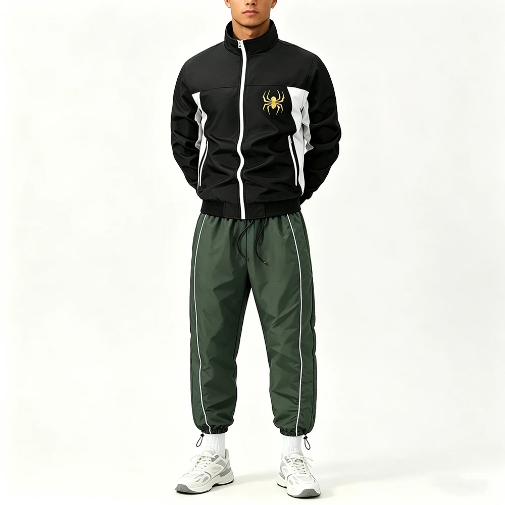 Men Stand Collar Zip Striped Line Jacket & Elastic Waist Side Striped Pants Metallic Spider Print Casual Running Sportswear Set
Men Stand Collar Zip Striped Line Jacket & Elastic Waist Side Striped Pants Metallic Spider Print Casual Running Sportswear Set