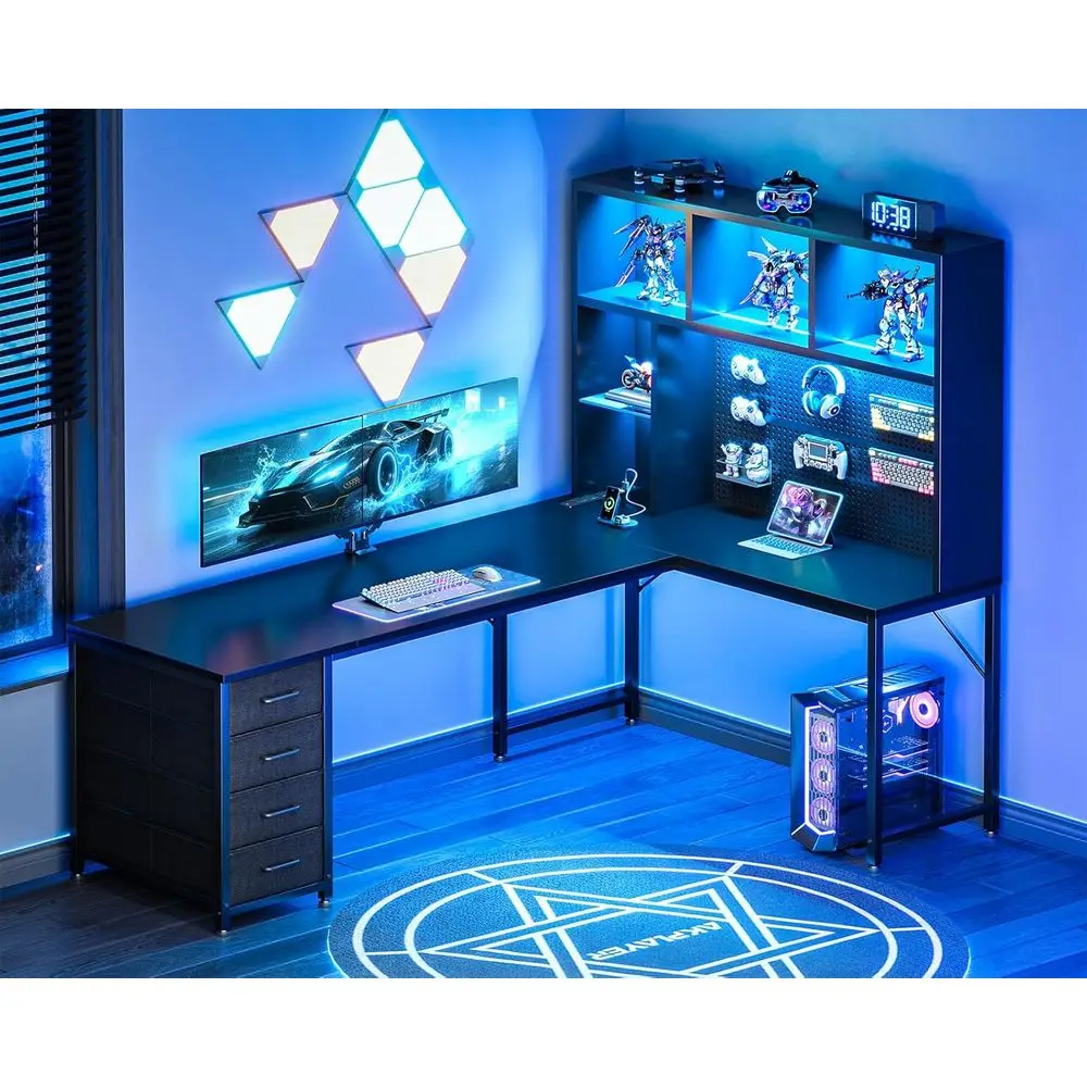 71 L-Shaped Gaming Desk with Hutch, Pegboard, Shelves, 4 Drawers, LED Lighting & Outlets, Black
71 L-Shaped Gaming Desk with Hutch, Pegboard, Shelves, 4 Drawers, LED Lighting & Outlets, Black