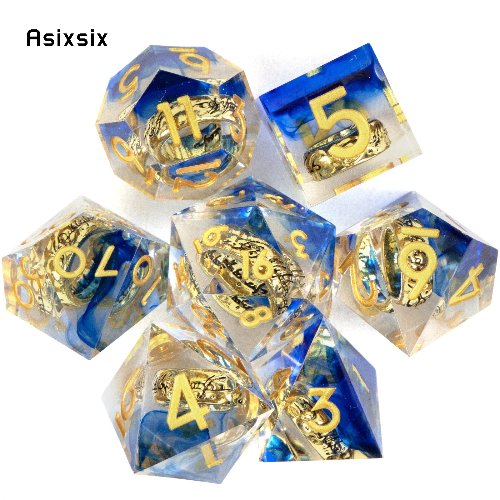 7 Pcs Blue Resin Ring Golden Number Sharp Edge Dice Polyhedral Dice Suitable for Role-Playing RPG Board Game
7 Pcs Blue Resin Ring Golden Number Sharp Edge Dice Polyhedral Dice Suitable for Role-Playing RPG Board Game