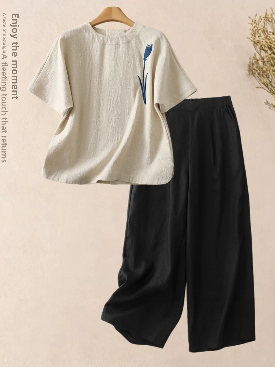 Casual Cotton Linen round Neck Short Sleeve T-Shirt Women Summer Loose plus Size Cotton Linen Top Wide Leg Pants Two Piece Set
Casual Cotton Linen round Neck Short Sleeve T-Shirt Women Summer Loose plus Size Cotton Linen Top Wide Leg Pants Two Piece Set
