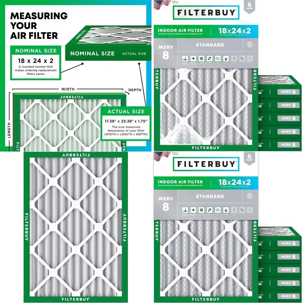 6-Pack MERV 8 Pleated Air Filters for Dust & Allergy Reduction, HVAC AC Furnace Replacement (Actual Size: 17.38x23.38x1.75)
6-Pack MERV 8 Pleated Air Filters for Dust & Allergy Reduction, HVAC AC Furnace Replacement (Actual Size: 17.38x23.38x1.75)