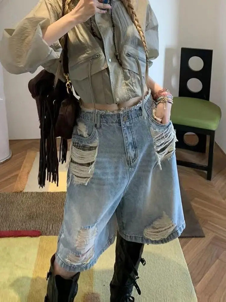 Women Vintage Blue Ripped Jeans American Retro Y2K Straight Streetwear Wide Leg Pants High Waist Summer Oversize Denim Shorts
Women Vintage Blue Ripped Jeans American Retro Y2K Straight Streetwear Wide Leg Pants High Waist Summer Oversize Denim Shorts