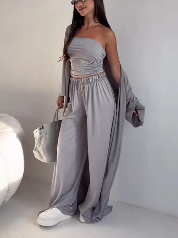 Fashion Long Sleeved Shawl Jacket Holiday Suit Female Simple Solid Color Loose Pants Outfit Spring Summer Casual Three Piece Set
Fashion Long Sleeved Shawl Jacket Holiday Suit Female Simple Solid Color Loose Pants Outfit Spring Summer Casual Three Piece Set