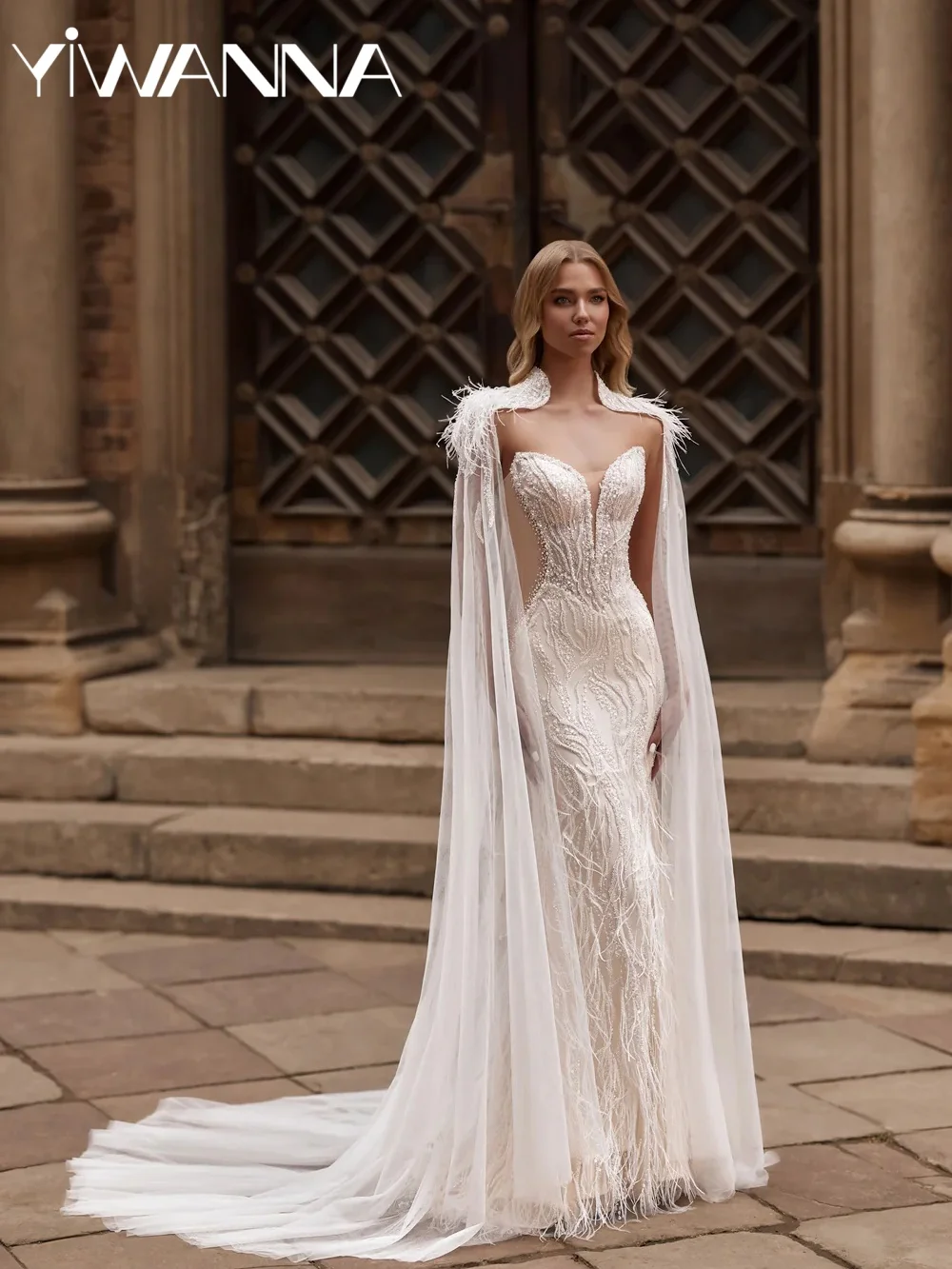 Feathered Opulent Beaded Wedding Dress With Cape Glamorous Mermaid Long Bridal Gown Customized Dreamy Vneck Dresses For Bride
Feathered Opulent Beaded Wedding Dress With Cape Glamorous Mermaid Long Bridal Gown Customized Dreamy Vneck Dresses For Bride