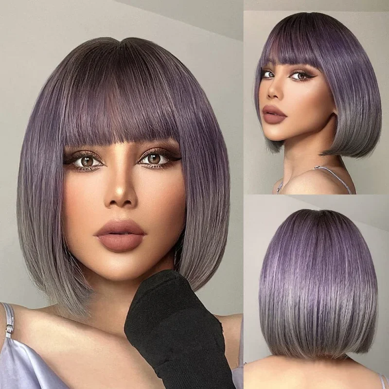 Wig for European and American women, fashionable synthetic fiber cap, purple gradient color, straight short hair with bangs, bob
Wig for European and American women, fashionable synthetic fiber cap, purple gradient color, straight short hair with bangs, bob