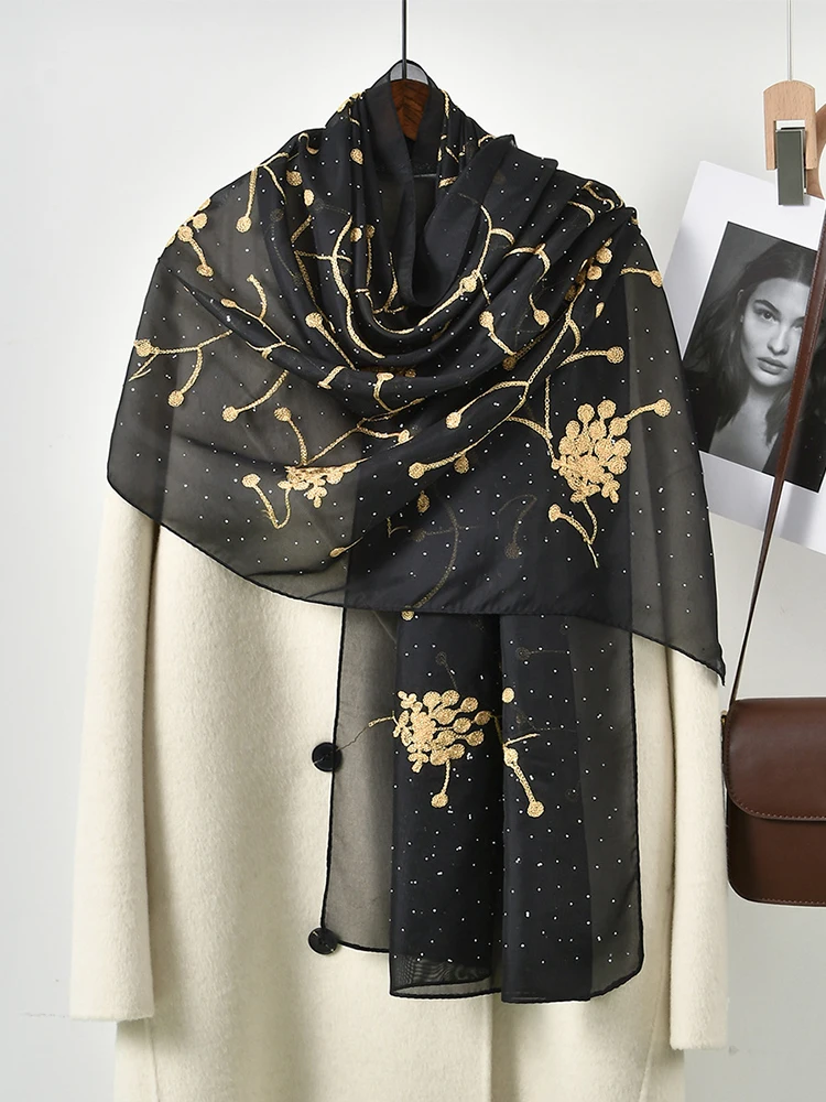 Elegant Luxury Women Silk Scarf Wrap Shawl Sparkly Gold Embroidery Floral Sunscreen Bandanas Hijab Mujer Scarve Pareo Casual New
Elegant Luxury Women Silk Scarf Wrap Shawl Sparkly Gold Embroidery Floral Sunscreen Bandanas Hijab Mujer Scarve Pareo Casual New