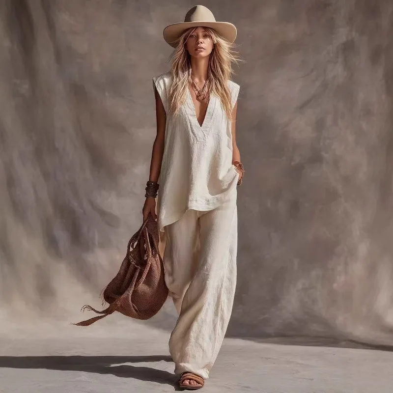 Women's Linen 2-Piece Set, Sleeveless V-Neck Top + Wide Leg Pants, Casual Boho Outfit for Summer Vacation 2026 Summer Streetwear
Women's Linen 2-Piece Set, Sleeveless V-Neck Top + Wide Leg Pants, Casual Boho Outfit for Summer Vacation 2026 Summer Streetwear