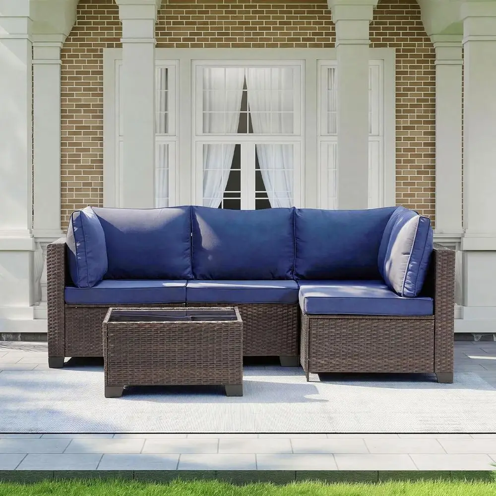 All-Weather Outdoor Patio Sectional Sofa Set in Brown PE Rattan Wicker with Glass Table and Blue Cushions for Backyard, Sunroom,
All-Weather Outdoor Patio Sectional Sofa Set in Brown PE Rattan Wicker with Glass Table and Blue Cushions for Backyard, Sunroom,