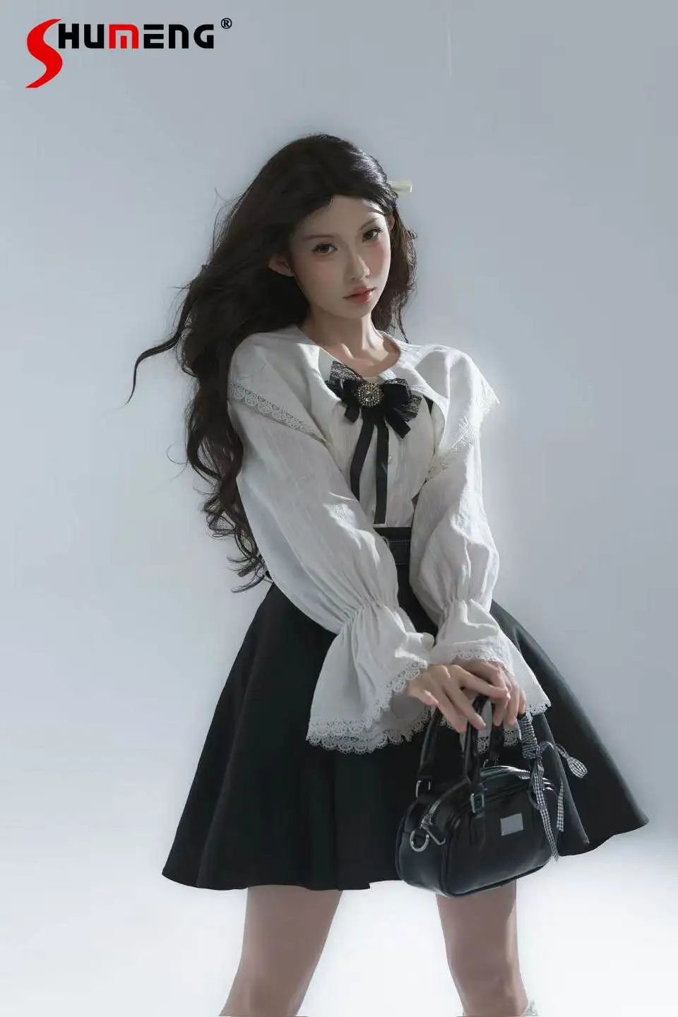 Japanese Sweet Preppy Style Flare Sleeve Single-breasted White Shirt High Waist A-line Black Suspender Skirt Two-piece Set Women
Japanese Sweet Preppy Style Flare Sleeve Single-breasted White Shirt High Waist A-line Black Suspender Skirt Two-piece Set Women