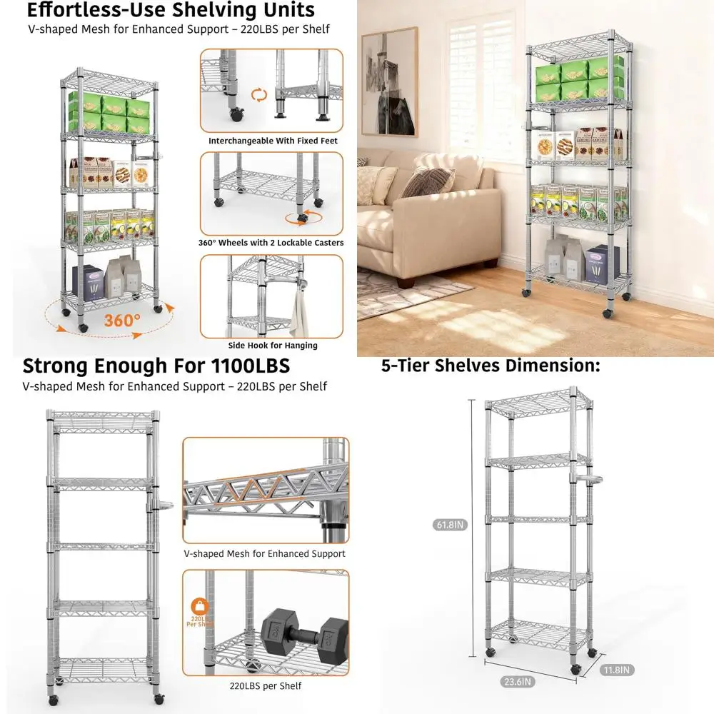 Adjustable 5-Tier Metal Rolling Storage Rack with Wheels, Heavy Duty for Kitchen, Pantry, Garage, Bedroom, 61H x 23.6W x 11.8D
Adjustable 5-Tier Metal Rolling Storage Rack with Wheels, Heavy Duty for Kitchen, Pantry, Garage, Bedroom, 61H x 23.6W x 11.8D