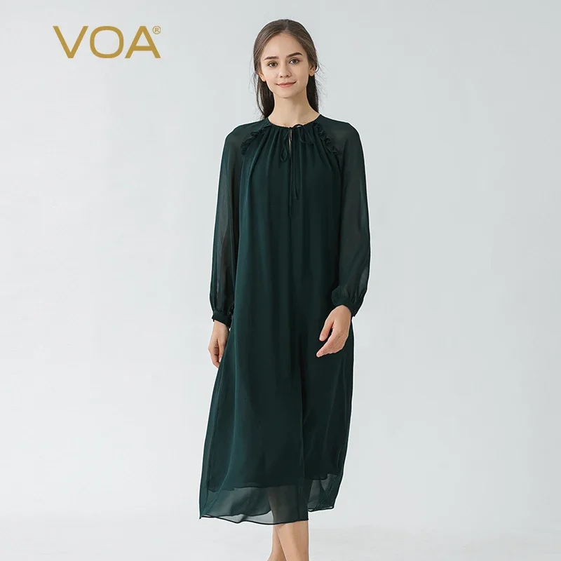 VOA Malachite Green Double Layer Georgette Mulberry Silk Tie Half Open Collar Lantern Long Sleeve Loose Casual Silk Dress AE1670
VOA Malachite Green Double Layer Georgette Mulberry Silk Tie Half Open Collar Lantern Long Sleeve Loose Casual Silk Dress AE1670