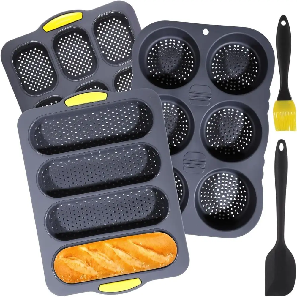 Silicone Hamburger Bun Mold Set o 5-4 6 9 Cup Silicone Hamburger Bun and Baguette Pan with Scraper and Oil Brush,Nonstick Bg Tra
Silicone Hamburger Bun Mold Set o 5-4 6 9 Cup Silicone Hamburger Bun and Baguette Pan with Scraper and Oil Brush,Nonstick Bg Tra