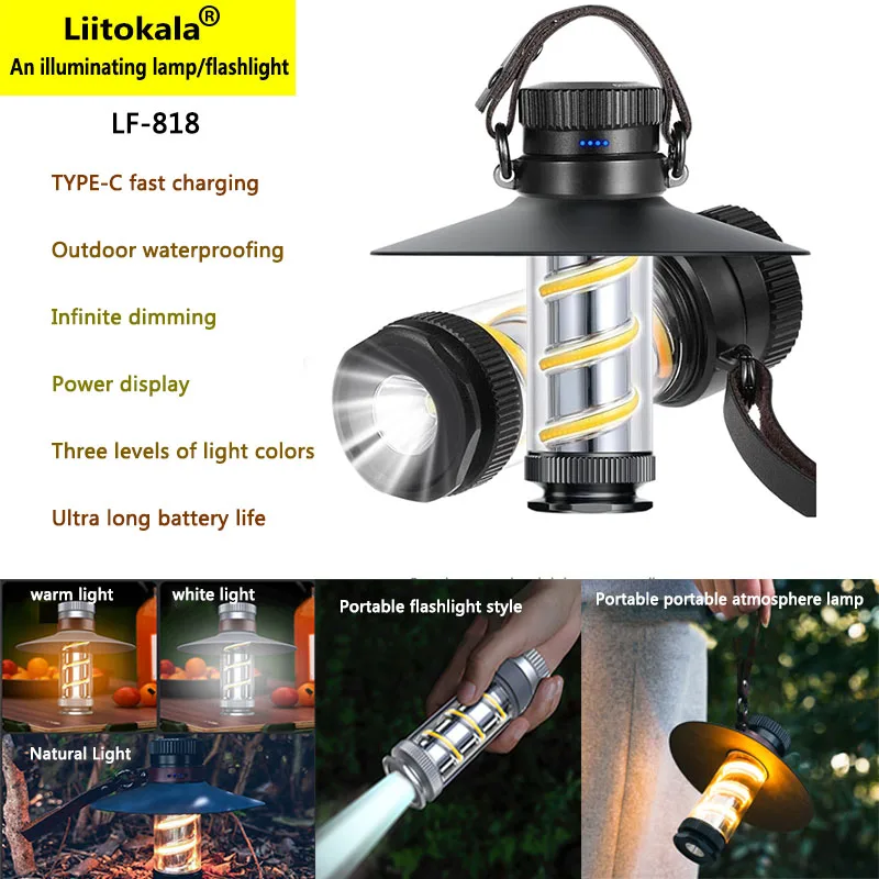 LiitoKala LF-818 Новый походный светильник TYPE-C перезаряжаемый многофункциональный светильник для палатки уличный водонепроницаемый портативный атмосферный светильник
LiitoKala LF-818 Новый походный светильник TYPE-C перезаряжаемый многофункциональный светильник для палатки уличный водонепроницаемый портативный атмосферный светильник
