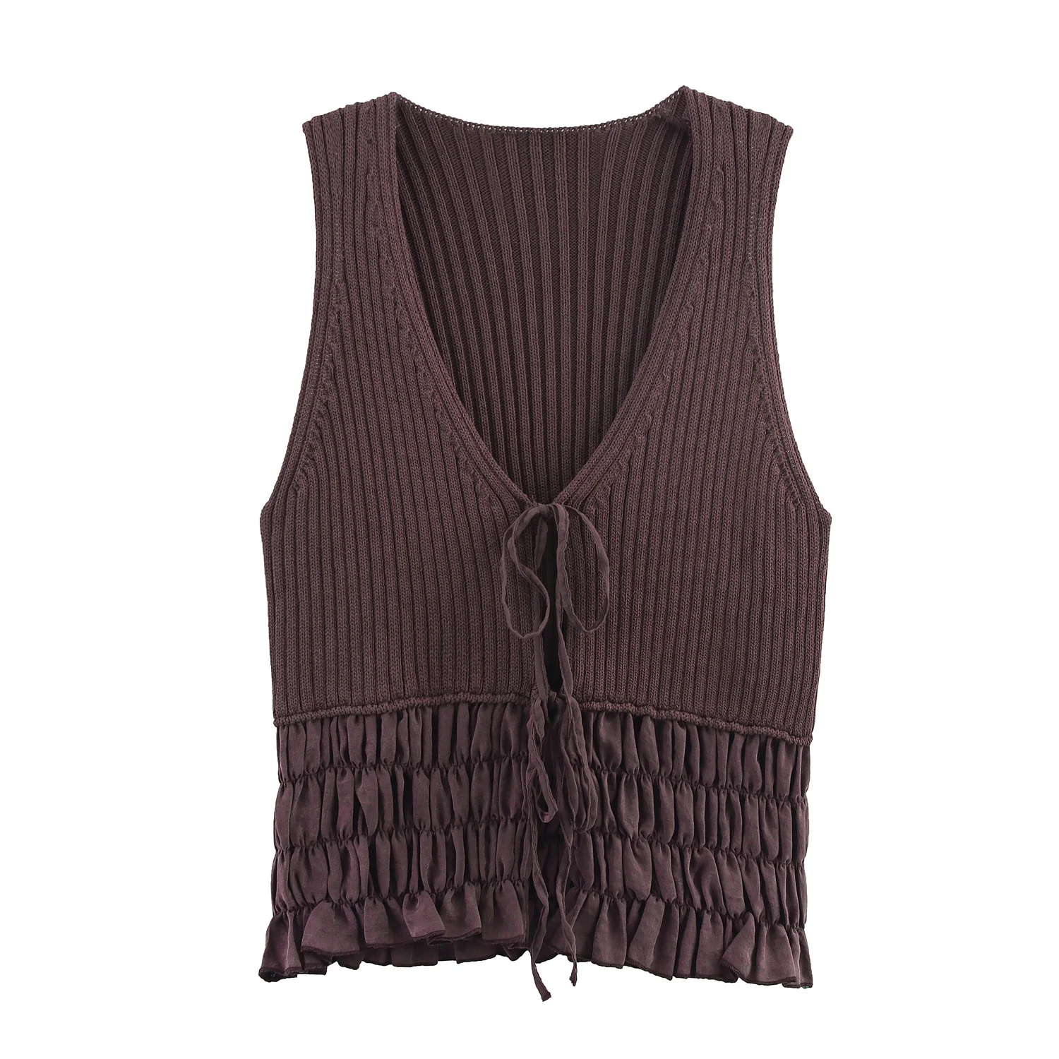 Summer new ruffled V-neck sleeveless fashionable temperament simple knitted vest women's top
Summer new ruffled V-neck sleeveless fashionable temperament simple knitted vest women's top