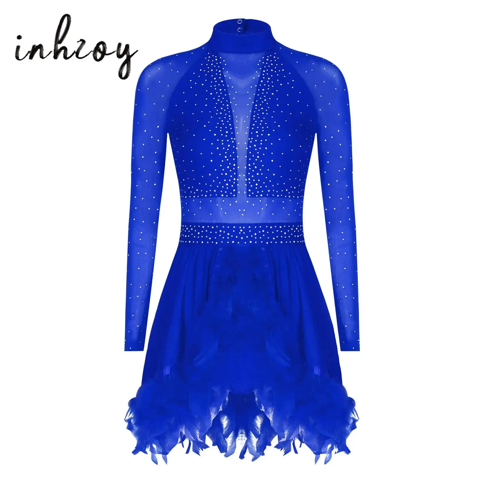 Women Figure Skating Dress Latin Jazz Dancewear Rhinestone Long Sleeve Back Cut Built-In Crotch Briefs Feathered Hem Dance Dress
Women Figure Skating Dress Latin Jazz Dancewear Rhinestone Long Sleeve Back Cut Built-In Crotch Briefs Feathered Hem Dance Dress