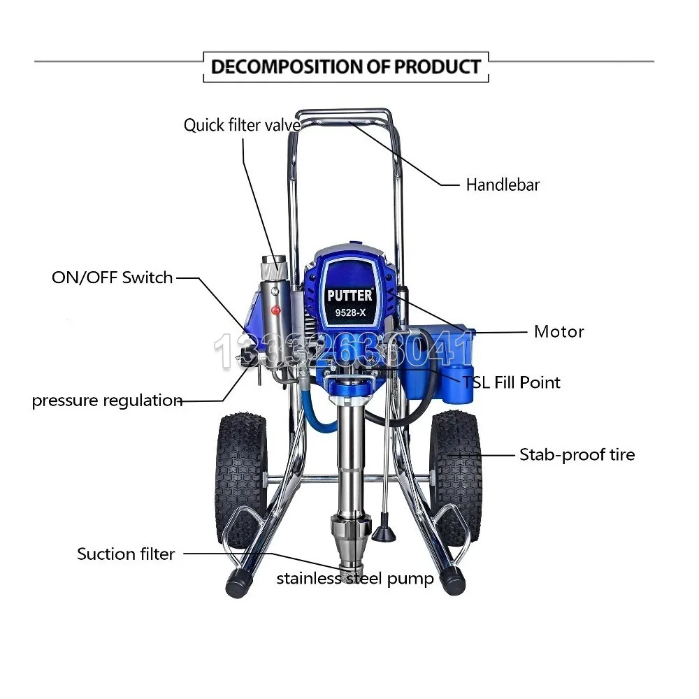 PT9528-X High Pressure Airless Spraying machine Wall Painting Machine Putty Latex Paint Inner and Outer Wall Coating
PT9528-X High Pressure Airless Spraying machine Wall Painting Machine Putty Latex Paint Inner and Outer Wall Coating