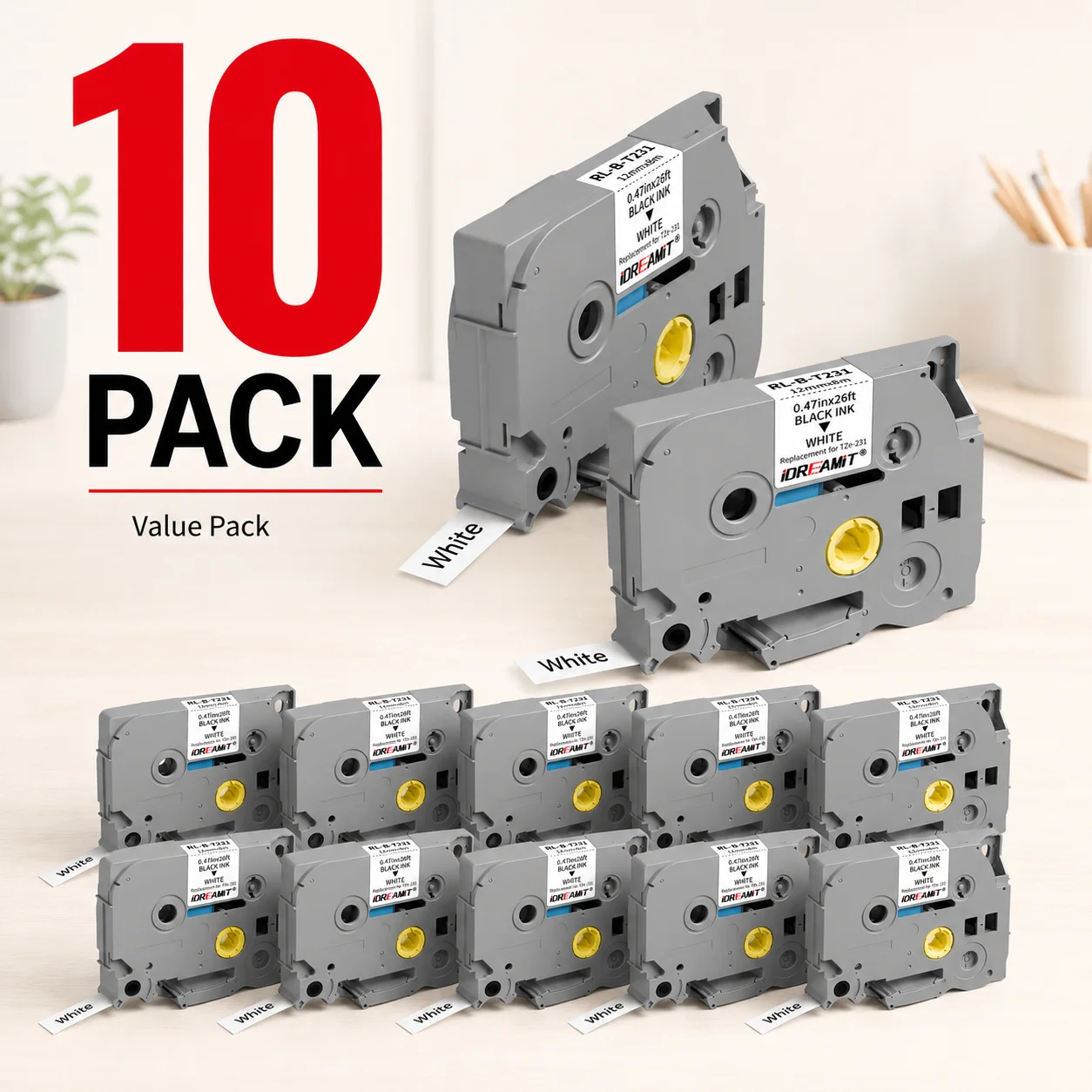 10 Pack Replacement TZe231 Laminated Label Tape for Brother P-Touch Printers, 12mm x 8m Black on White Laminated TZ-231 Tape
10 Pack Replacement TZe231 Laminated Label Tape for Brother P-Touch Printers, 12mm x 8m Black on White Laminated TZ-231 Tape