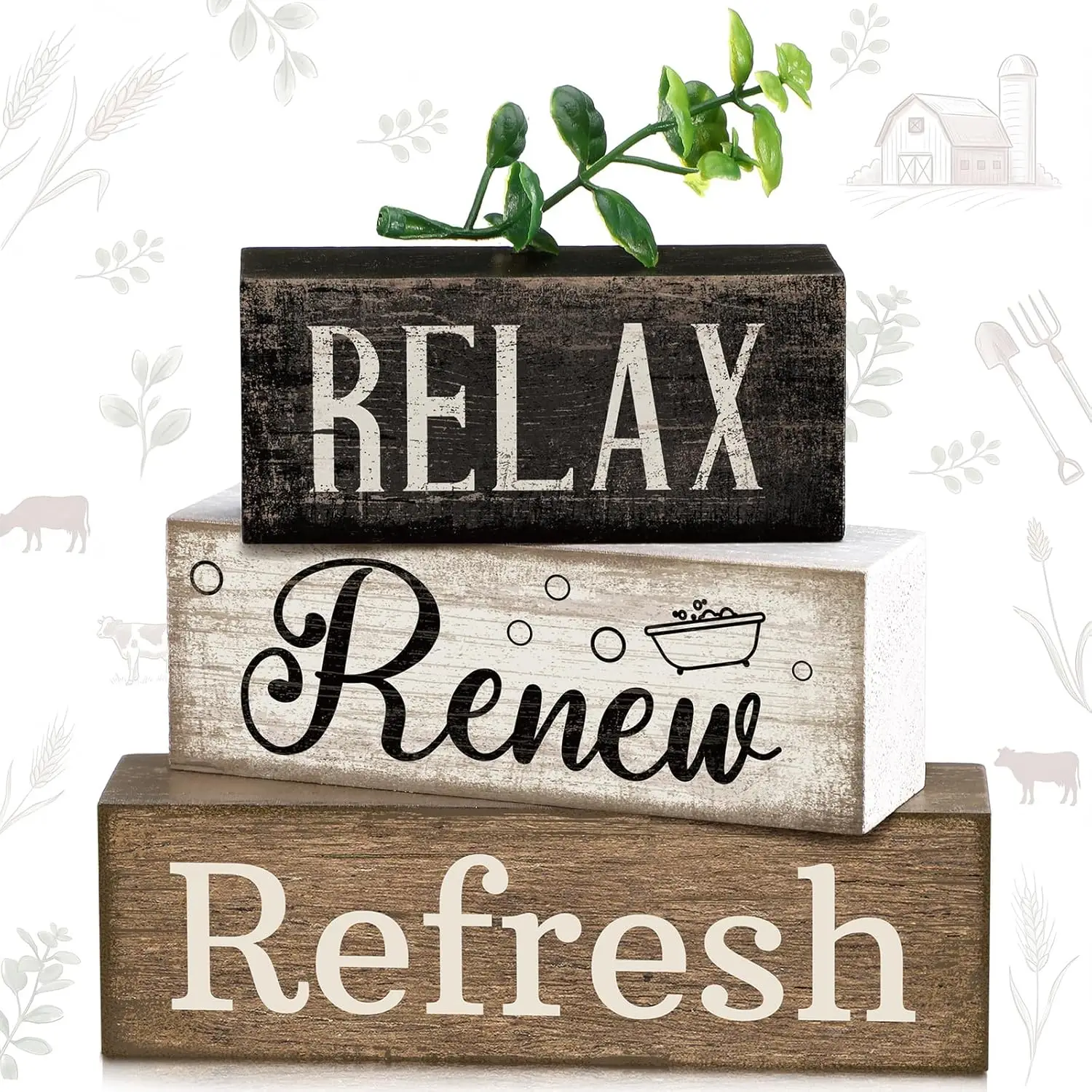 Farmhouse Bathroom Shelf Decor - 4 Pcs Wood Block Signs with Eucalyptus Leaves, Relax Renew Refresh, Rustic Table Centerpiece
Farmhouse Bathroom Shelf Decor - 4 Pcs Wood Block Signs with Eucalyptus Leaves, Relax Renew Refresh, Rustic Table Centerpiece