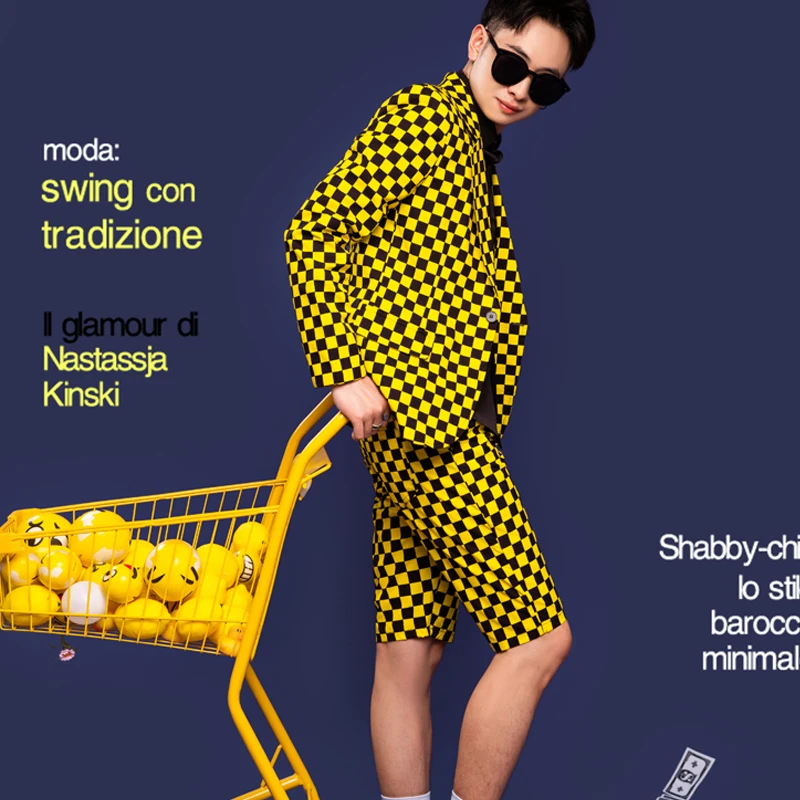 Summer New Men Blazer Coat Fashion Korean Yellow Plaid Slim Suit Shorts Hair Stylist Host Outerwear Dress Male Plus Size Jackets
Summer New Men Blazer Coat Fashion Korean Yellow Plaid Slim Suit Shorts Hair Stylist Host Outerwear Dress Male Plus Size Jackets