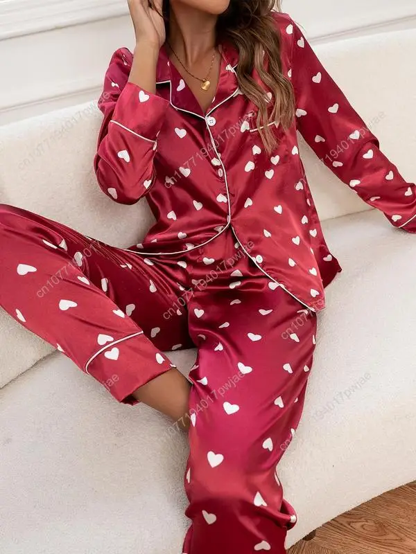 Women's Heart Print Satin Loungewear Set, Casual Lapel Button Front Shirt & Pants Pajama Set, Women's Sleepwear, Womenswear
Women's Heart Print Satin Loungewear Set, Casual Lapel Button Front Shirt & Pants Pajama Set, Women's Sleepwear, Womenswear