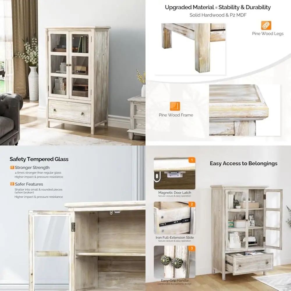 Rustic White Glass-Door Storage Cabinet with Cedar Lining and Tempered Glass Display, Solid Wood Leg Accent
Rustic White Glass-Door Storage Cabinet with Cedar Lining and Tempered Glass Display, Solid Wood Leg Accent