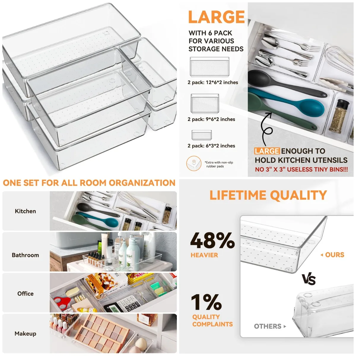6 Pack Large Clear Plastic Drawer Organizers, Acrylic Storage Trays for Kitchen, Bathroom, Makeup & Office
6 Pack Large Clear Plastic Drawer Organizers, Acrylic Storage Trays for Kitchen, Bathroom, Makeup & Office
