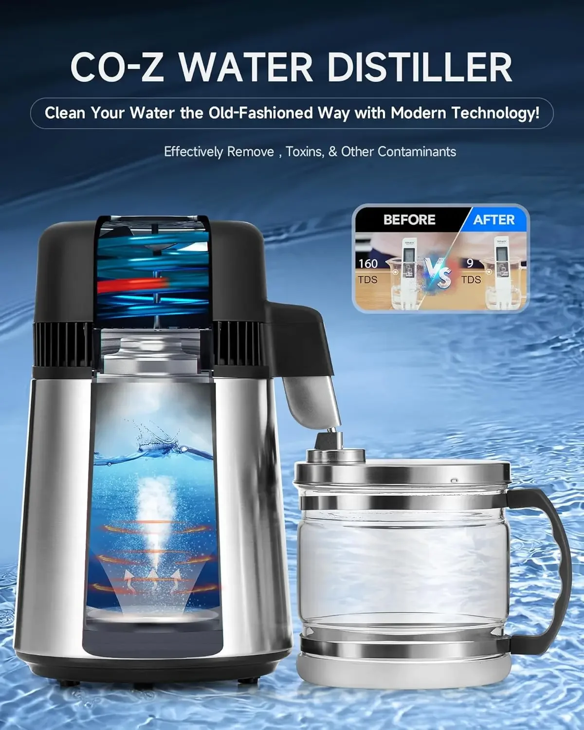 1.1 Gallon Water Distiller, 4L Countertop Distilled Water Machine with Timer Reservation and Glass Pot, 750W 304 Stainless Steel
1.1 Gallon Water Distiller, 4L Countertop Distilled Water Machine with Timer Reservation and Glass Pot, 750W 304 Stainless Steel