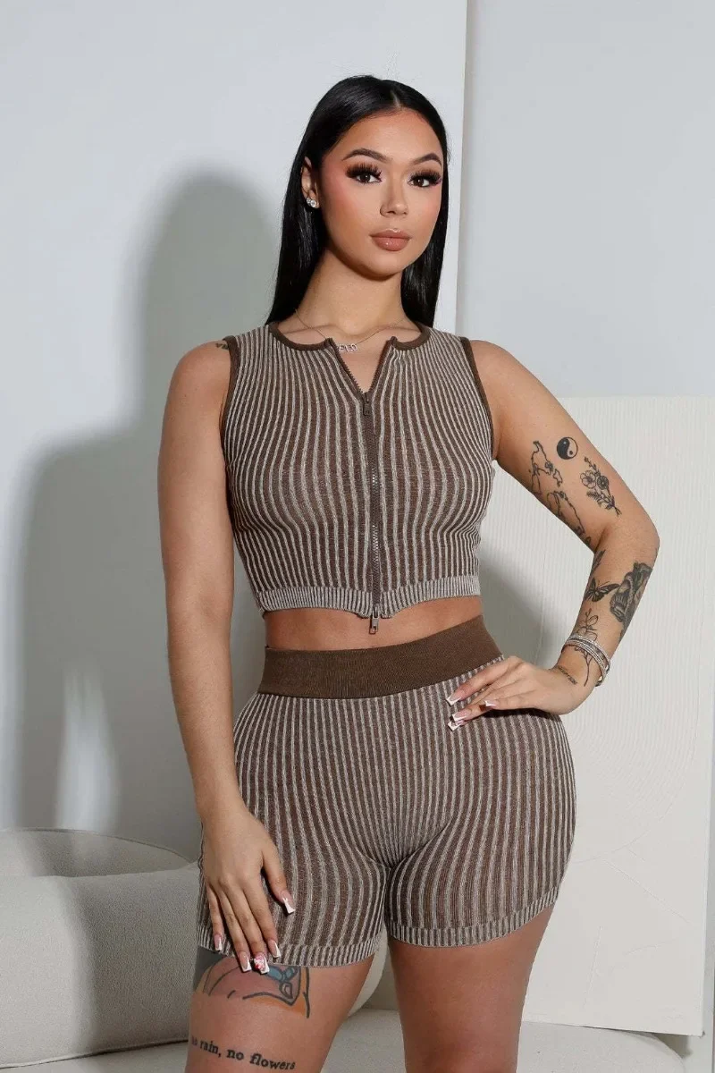 Women Striped Knitted 2 Piece Set Double Zipper Sleeveless Crop Tops + High Waist Skinny Shorts Stretch Slim Casual Street Suits
Women Striped Knitted 2 Piece Set Double Zipper Sleeveless Crop Tops + High Waist Skinny Shorts Stretch Slim Casual Street Suits